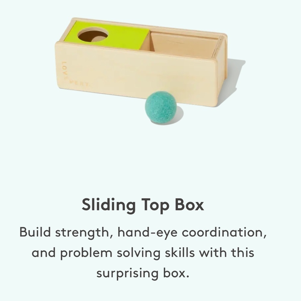 Lovevery Sliding Top Wooden Box With Teal Felt Ball Object Permance